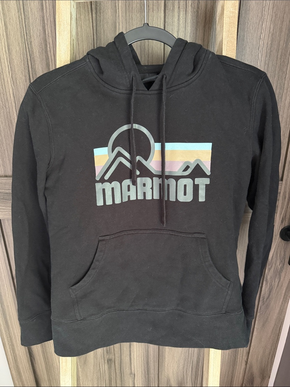 Marmot Black Hoodie with Pastel Stripe Mountain Logo